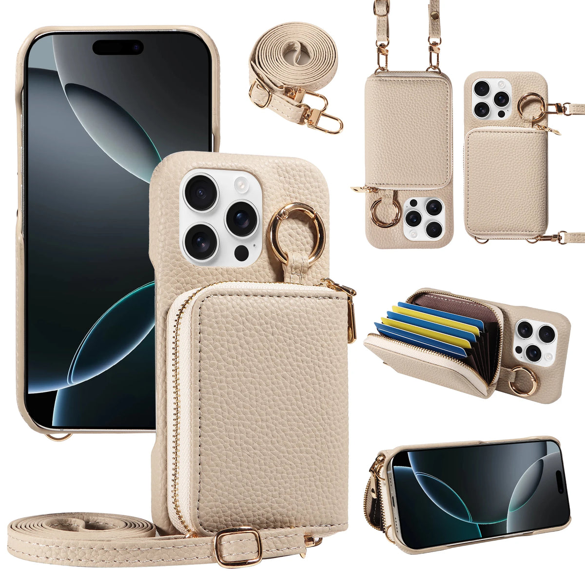 A beige premium PU leather phone case with a built-in wallet and card slots, shown with various accessories.
