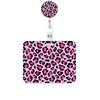 A pink leopard print retractable badge holder with a silver clip.