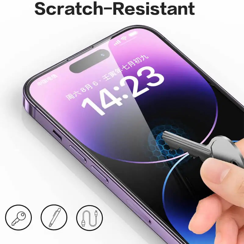 A close-up of a smartphone screen protector being applied to a phone, highlighting its scratch-resistant feature.