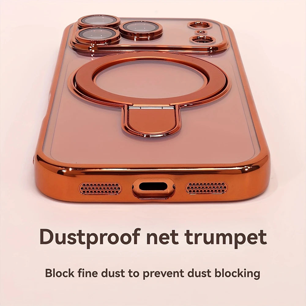 A copper-colored magnetic phone case with a stand, designed as a dustproof net trumpet to prevent dust blocking.