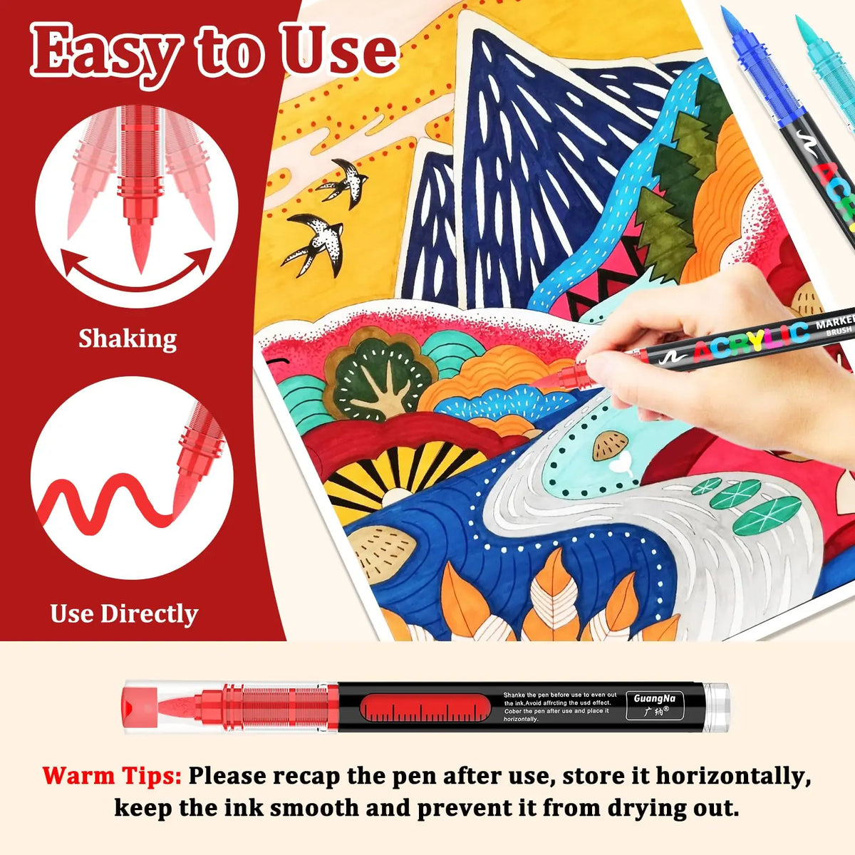 A hand is using a red acrylic paint pen on a colorful piece of paper, demonstrating easy to use and direct application.