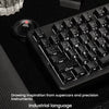 Close-up of black carbon fiber texture keycaps resting on a mechanical keyboard with surrounding tools and dark surface.