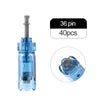 A clear blue Dr. Pen microneedling cartridge with a metal needle, shown next to a label indicating 36 pins and 40 pieces.