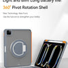 A light gray keyboard case with a 360 degree pivot rotation shell shown alongside an iPad.