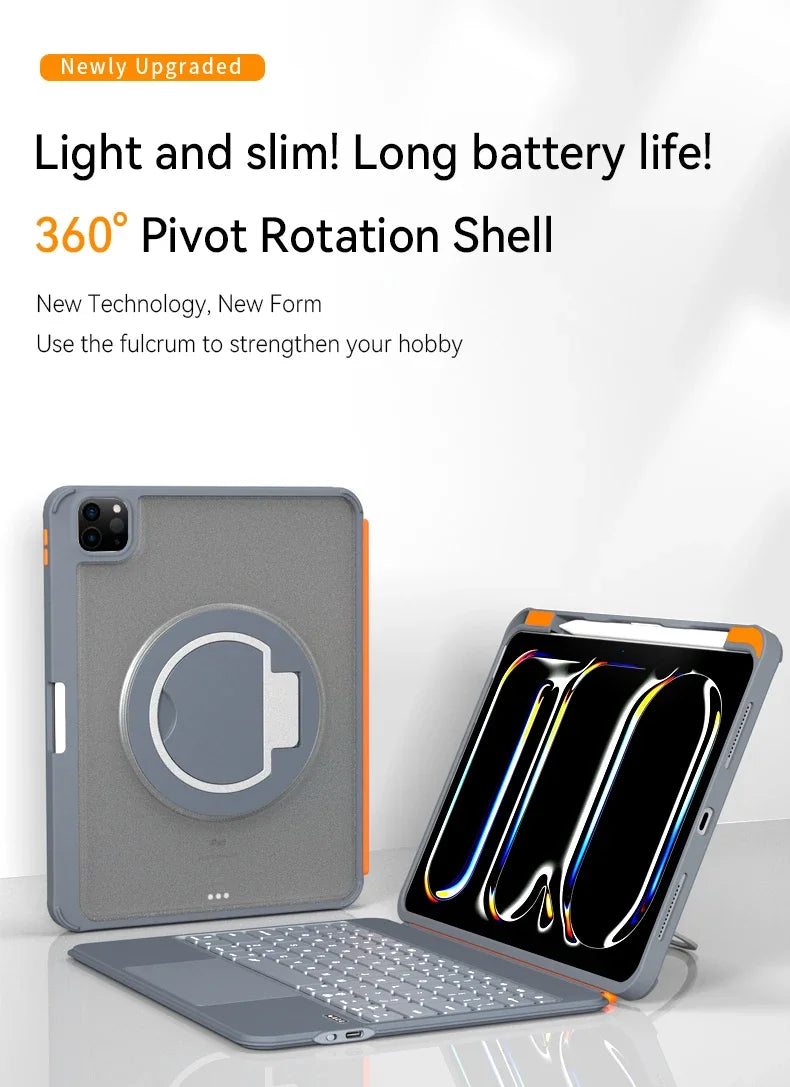 A light gray keyboard case with a 360 degree pivot rotation shell shown alongside an iPad.