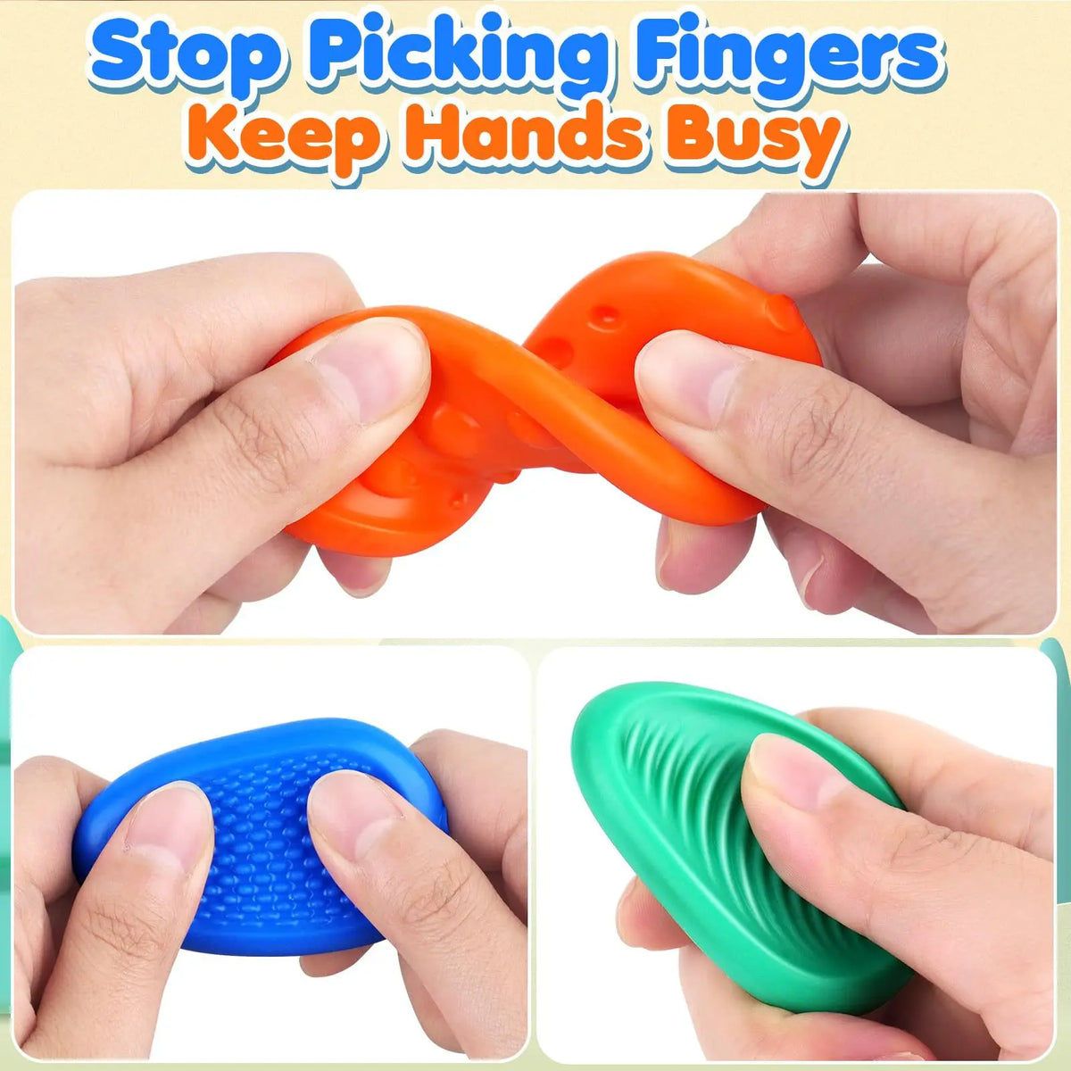 Hands holding various colored silicone fidget tools including an orange, blue, and green ring-shaped stone.