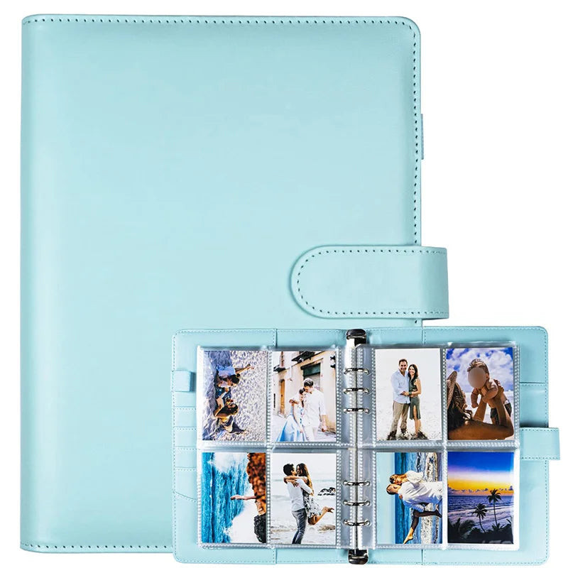 A light blue A5 photo album binder with clear plastic pockets for K-Pop collectibles.
