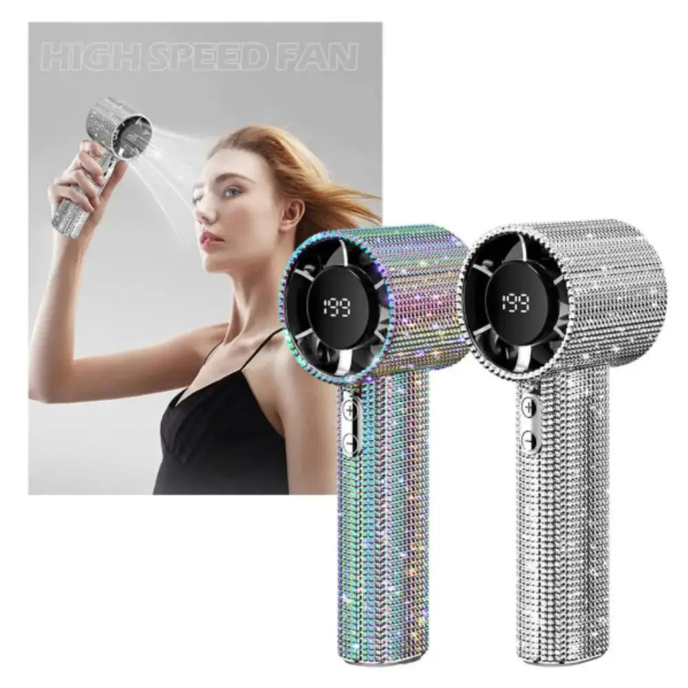 A woman is using a mini portable LED turbine fan to blow hair, showing the fan's silver and iridescent texture.