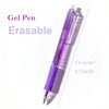 A purple gel pen is shown diagonally against a white background, highlighting its size and erasable feature.