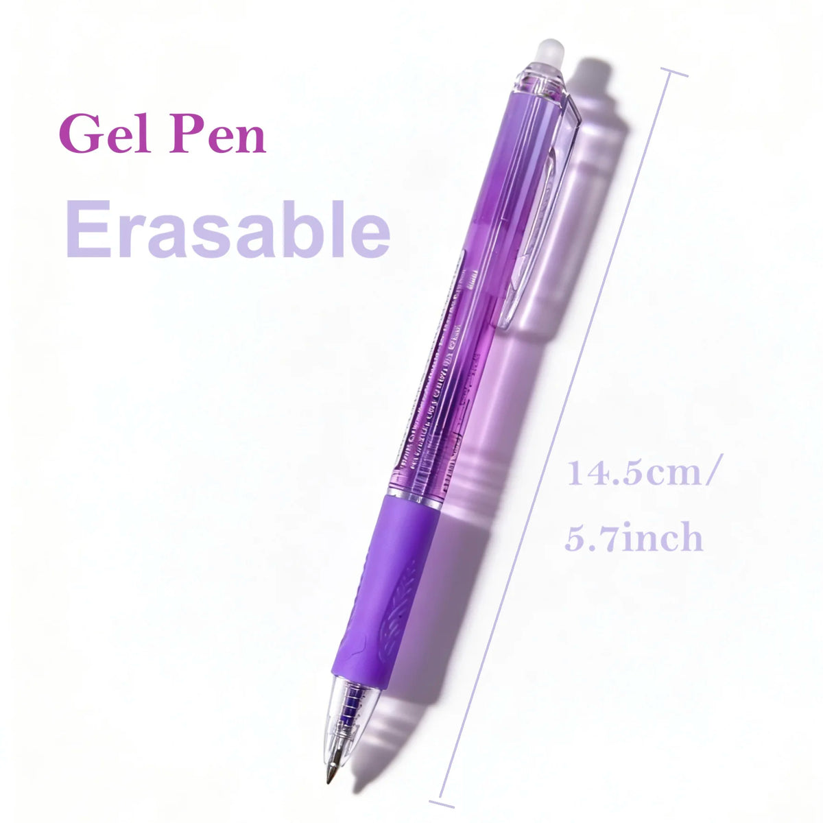 A purple gel pen is shown diagonally against a white background, highlighting its size and erasable feature.
