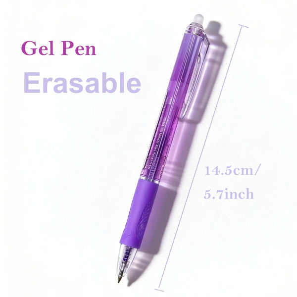 Lila Gelstift diagonal auf weißem Hintergrund, Größe und Papierfähigkeit hervorgehoben.