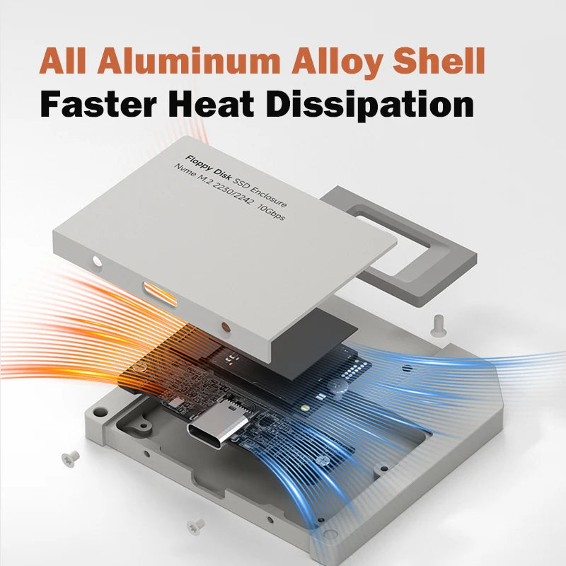 A M.2 NVMe SSD enclosure is shown dissipating heat onto a laptop motherboard for faster heat dissipation.