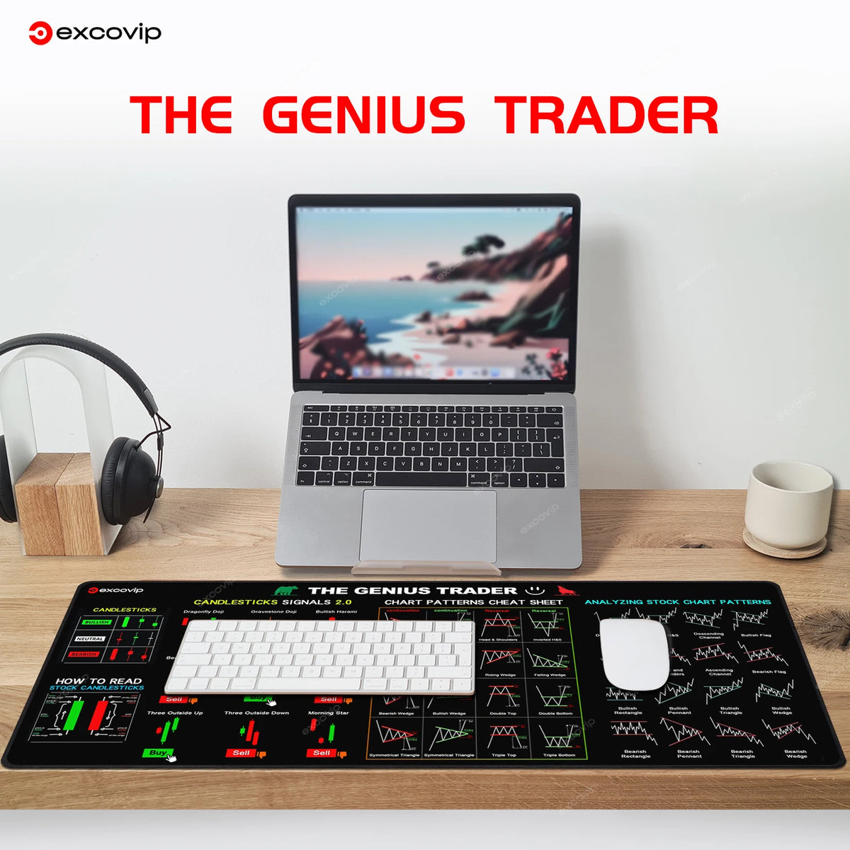 Eine schwarze Mausmatte mit Börsencharts und Indikatoren vor einem Laptop