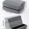 A gray multi-angle tablet and phone stand shown in various configurations and dimensions.
