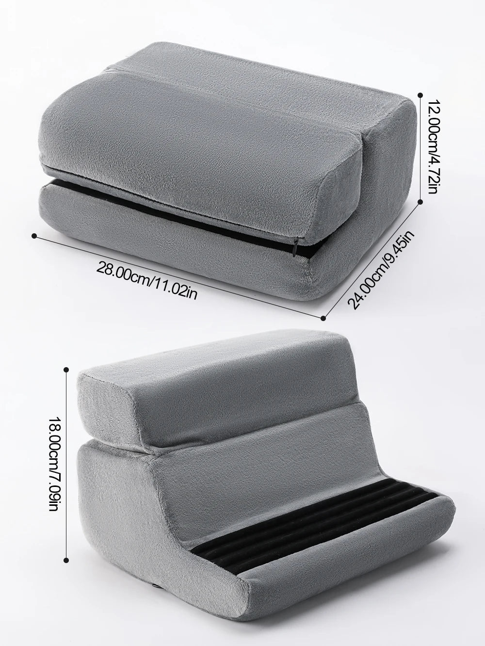 A gray multi-angle tablet and phone stand shown in various configurations and dimensions.