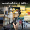 A handheld gimbal stabilizer is shown mounted on a smartphone, demonstrating its roll, pitch, and transverse axes.