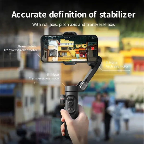 A handheld gimbal stabilizer is shown mounted on a smartphone, demonstrating its roll, pitch, and transverse axes.