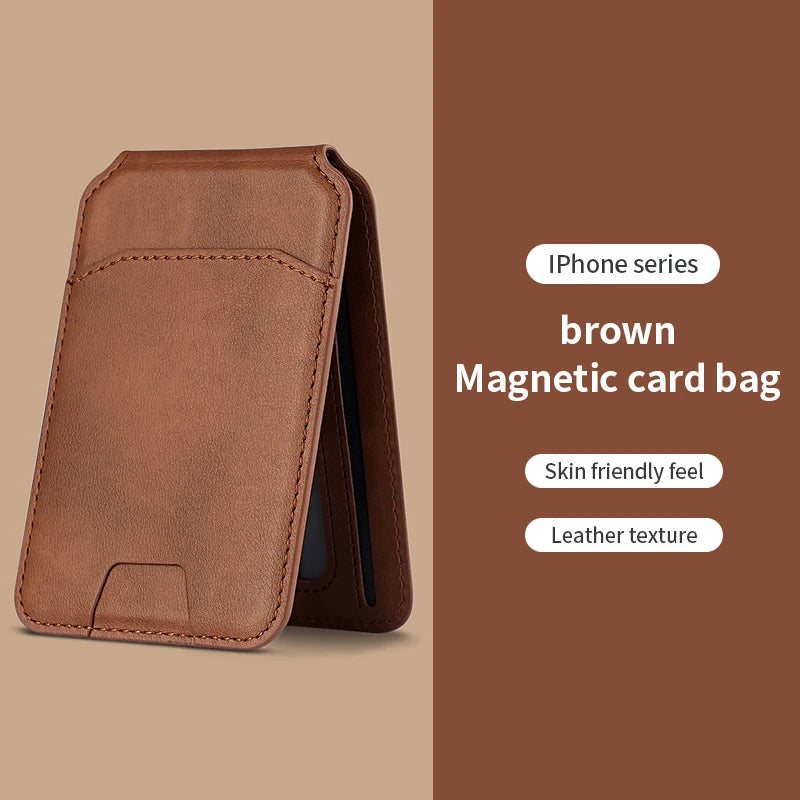 Portefeuille et étui à carte magnétique en cuir marron pour iPhone, texture cuir.
