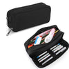 Black aesthetic Oxford pencil pouch with a zippered compartment filled with colored pencils and pens