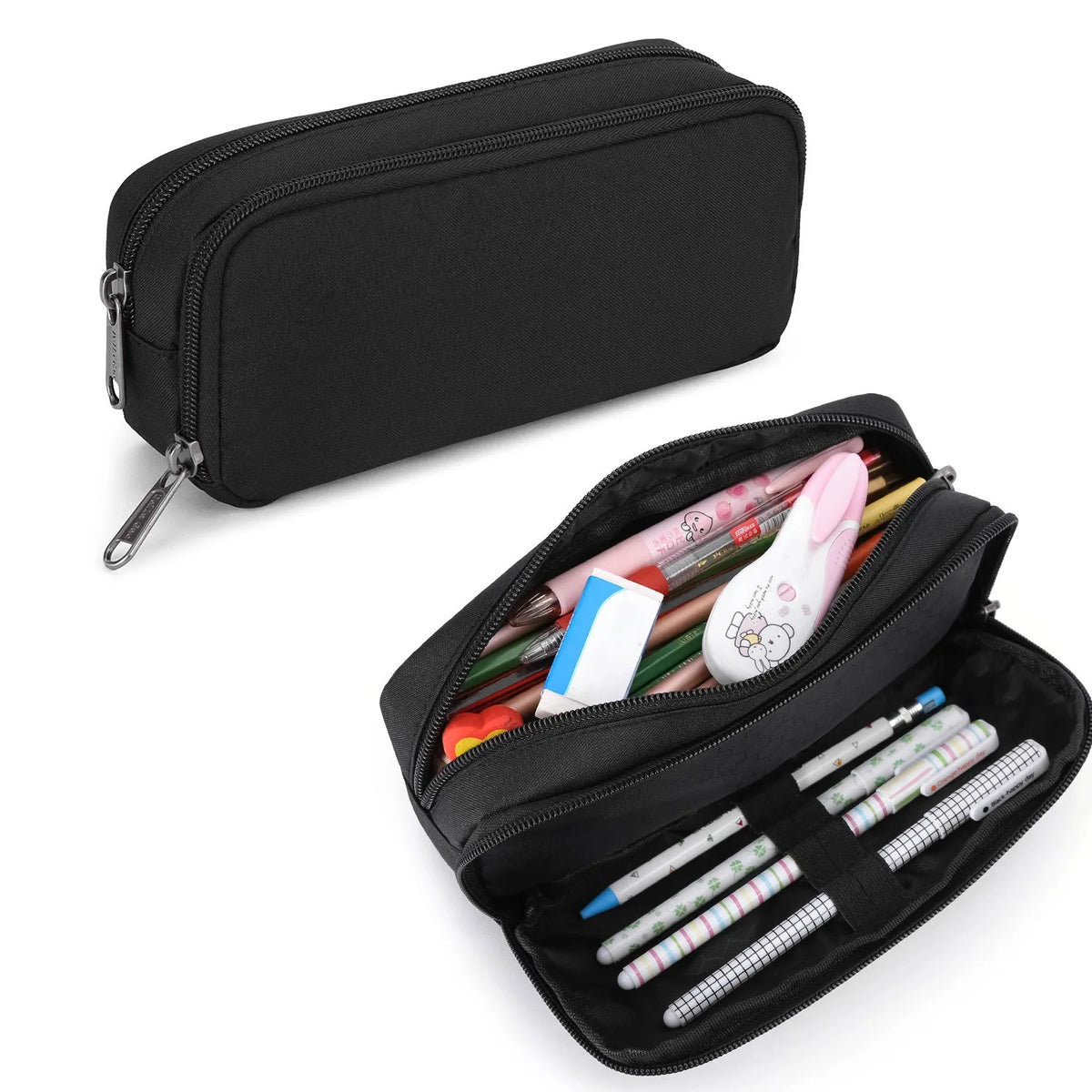 Black aesthetic oxford pencil pouch with a zippered compartment filled with colored pencils and pens