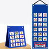 A blue folder containing visual schedule cards for daily routines, including icons for various activities like dentist, washi