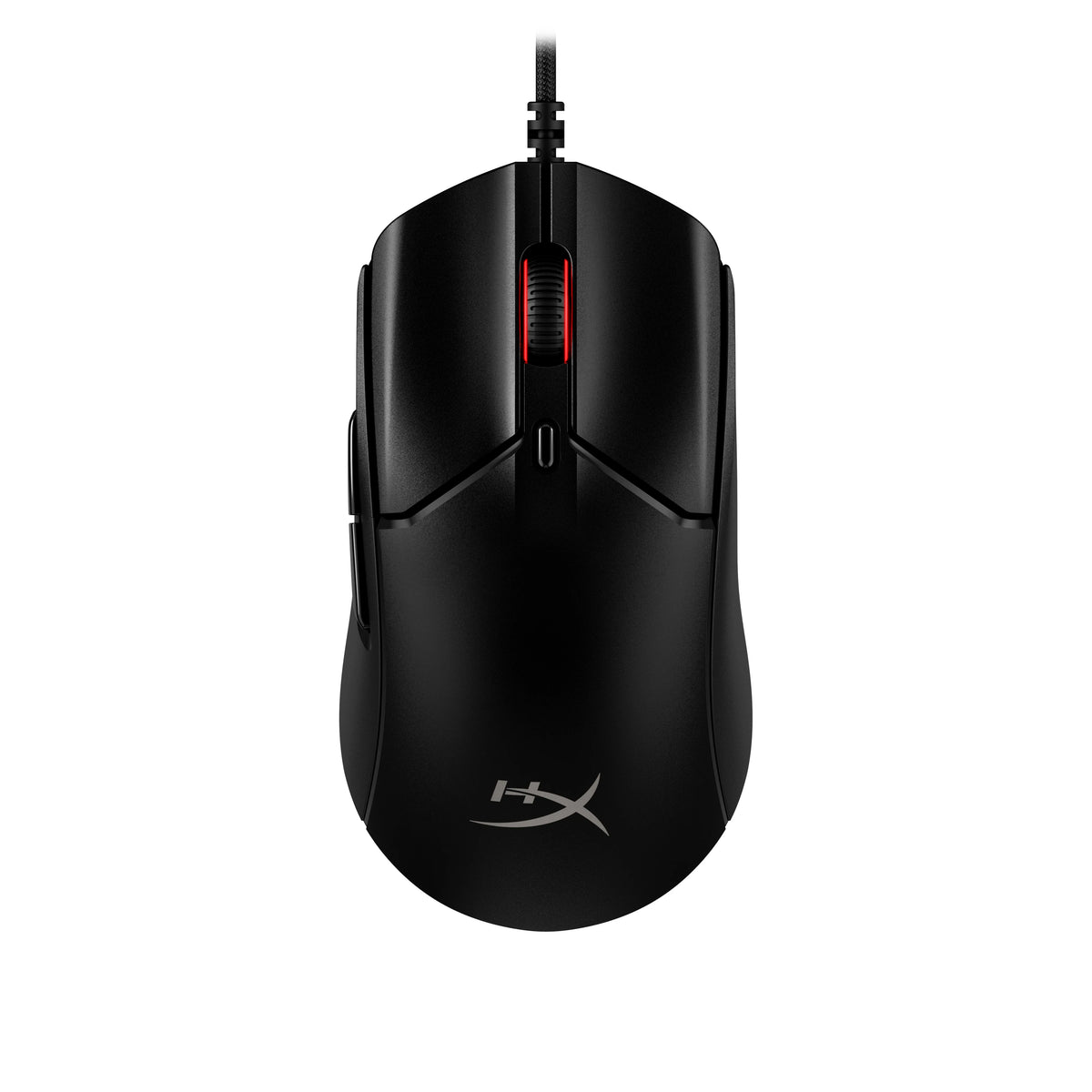 Schwarze HyperX Pulsefire Haste 2 Gaming-Maus aus der Draufsicht.