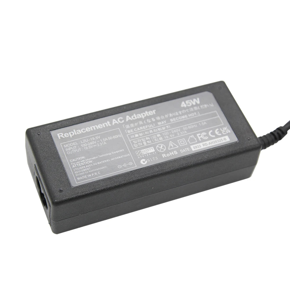 Schwarzes Ersatz-Netzteil für Laptop, mit 45W und 19,5V Ausgangsleistung.
