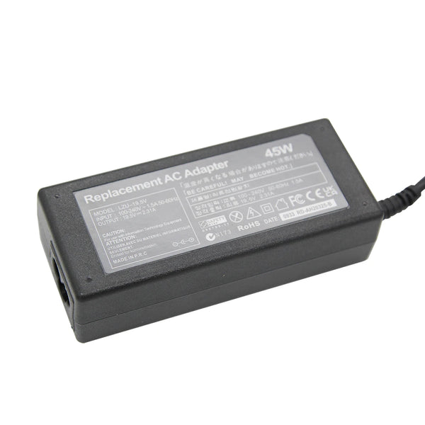 Black replacement AC adapter for a laptop, rated at 45W and 19.5V output.