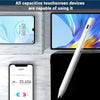 A white capacitive stylus pen is shown next to various tablet devices, demonstrating its compatibility.