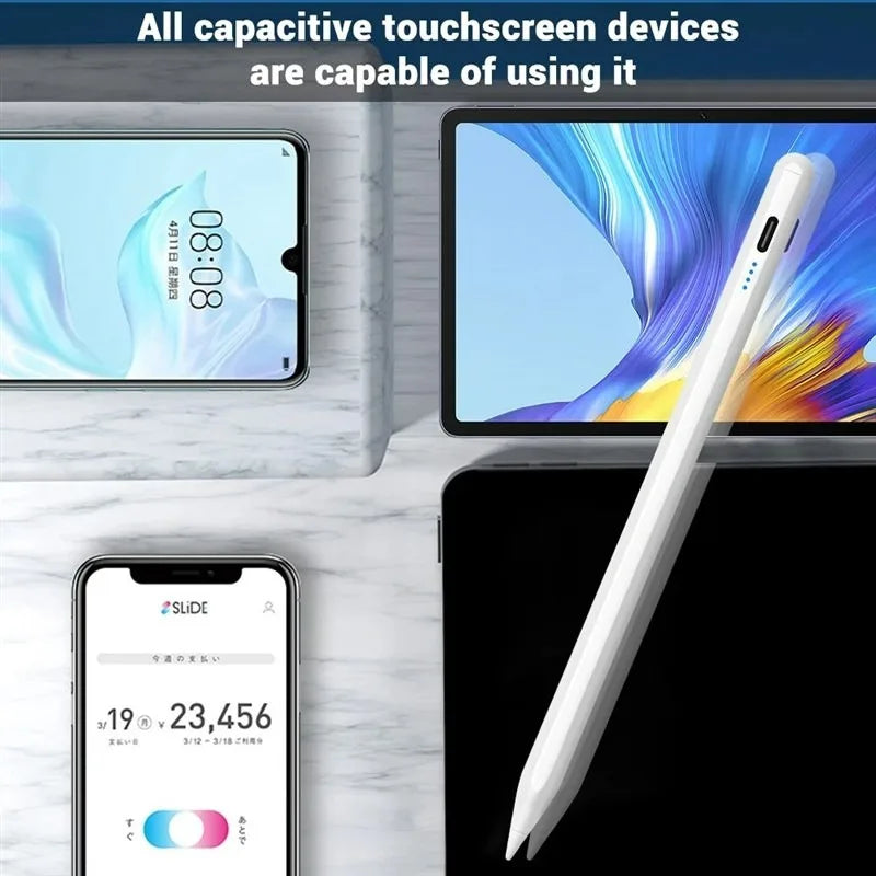 A white capacitive stylus pen is shown next to various tablet devices, demonstrating its compatibility.