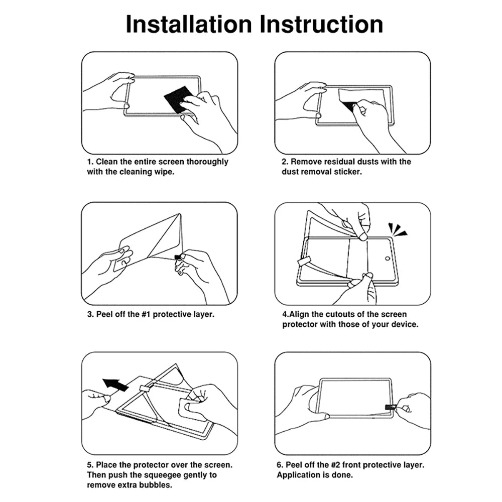 Installation instructions showing steps to clean, peel, and apply a matte PET screen protector film for an iPad.