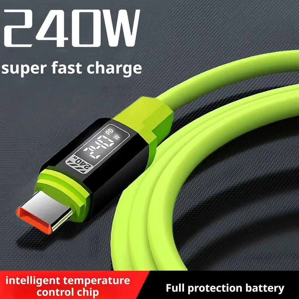 Grünes Ladekabel mit USB-Anschluss, das ultraschnelles Laden und Temperatur hervorhebt