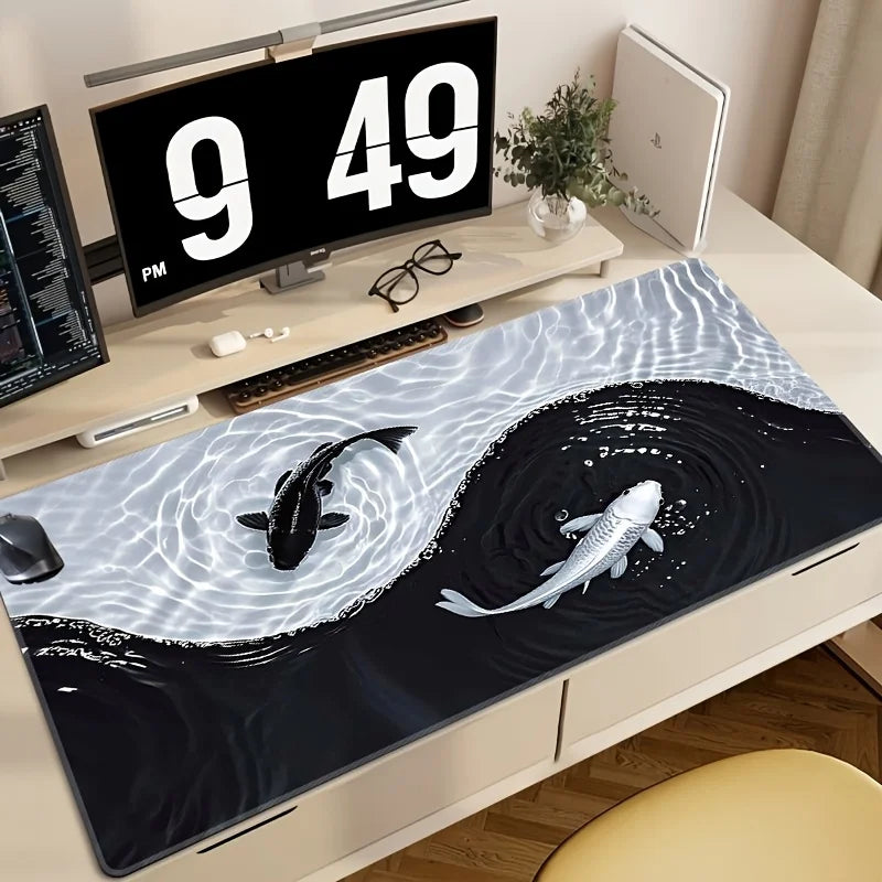 A black mouse pad featuring a white koi fish pattern on a dark background, placed on a light wooden desk.