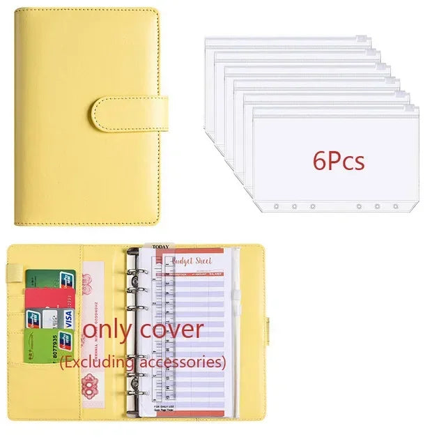 A yellow leather cover A6 budget planner with a clear plastic sheet and envelope system