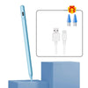 A light blue universal active stylus pen is shown next to various tips and charging connectors on a blue stand.
