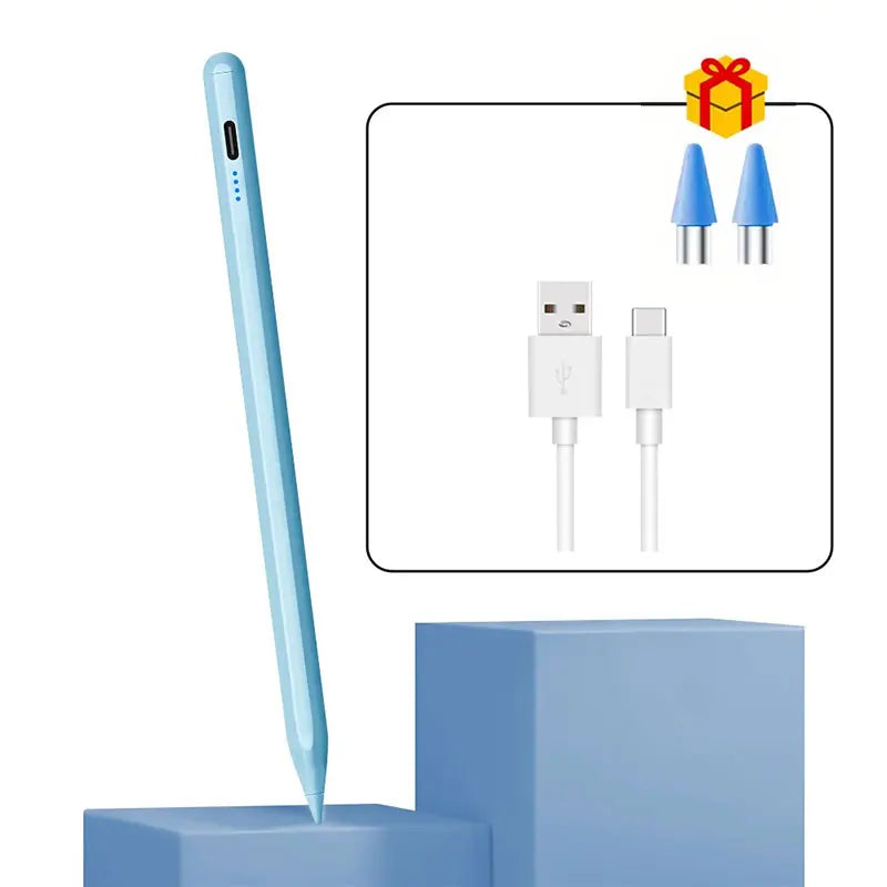 A light blue universal active stylus pen is shown next to various tips and charging connectors on a blue stand.