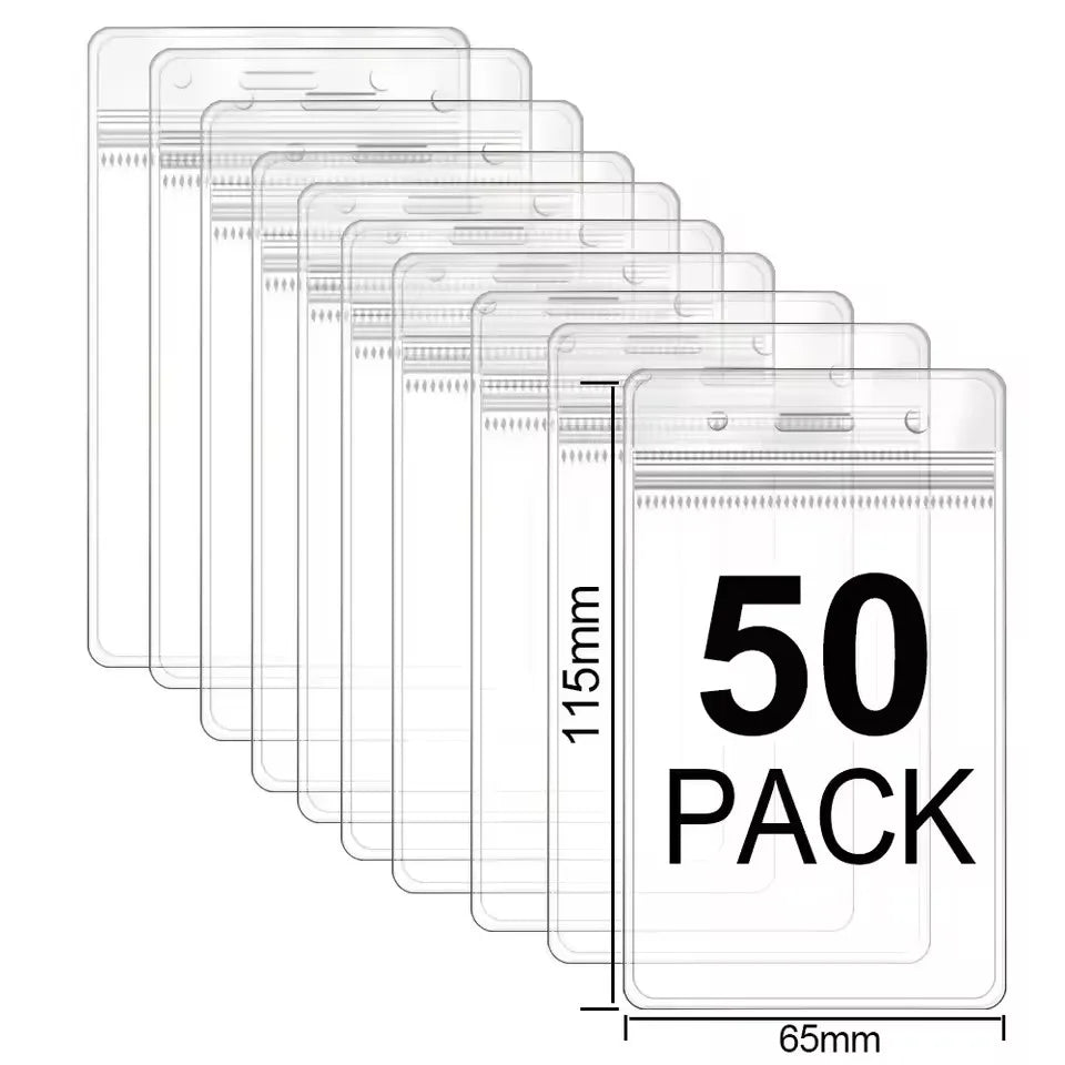 A stack of fifty clear plastic ID card holder sleeves with a 65mm width.