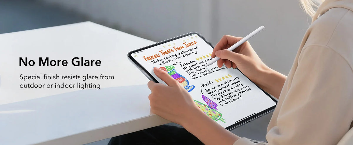 A person is using a stylus to write on an iPad screen, demonstrating glare resistance.