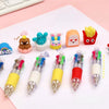 A set of four multicolor kawaii ballpoint pens in various colors and designs displayed on a white background.