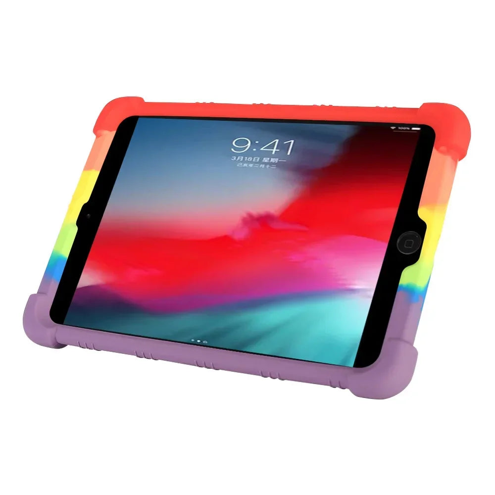 Funda protectora de silicona en rosa y naranja para soporte de iPad Mini que muestra la hora 9:41.