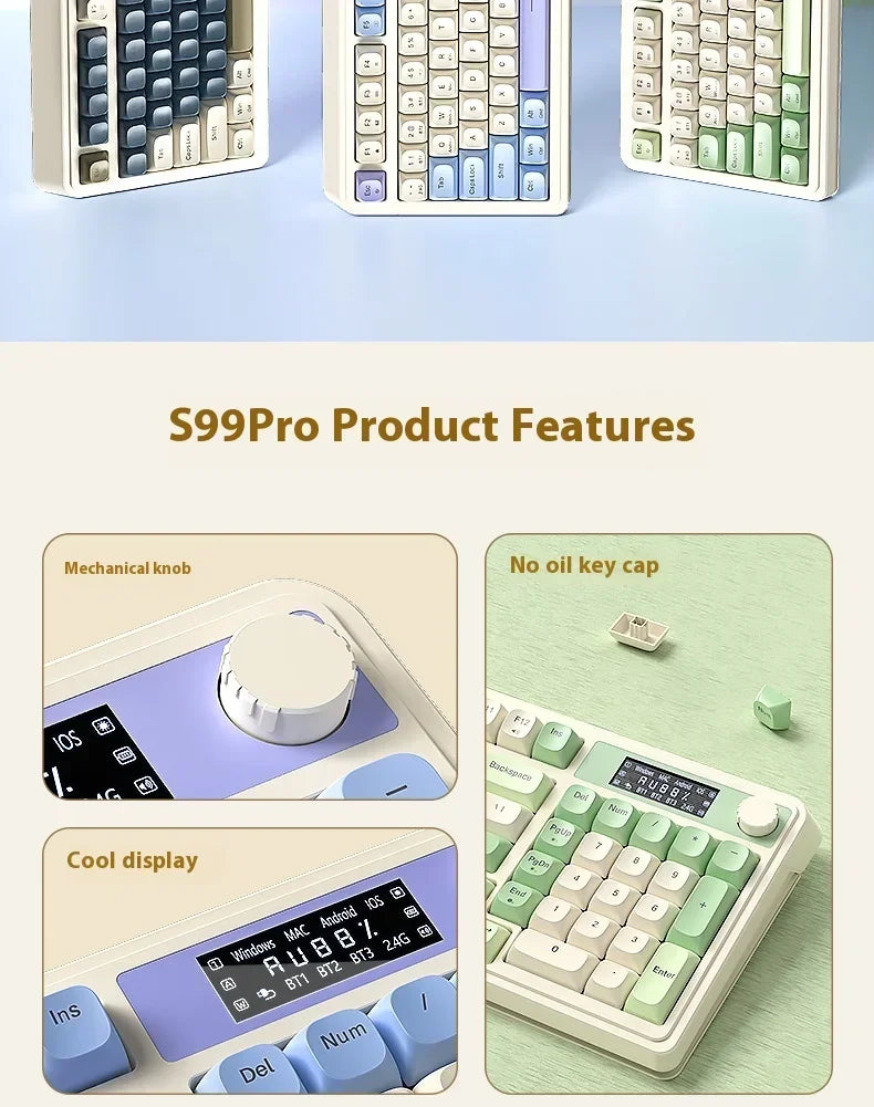 A close-up view of an S99Pro mechanical keyboard showing its features including a mechanical knob, no oil key cap, and cool d