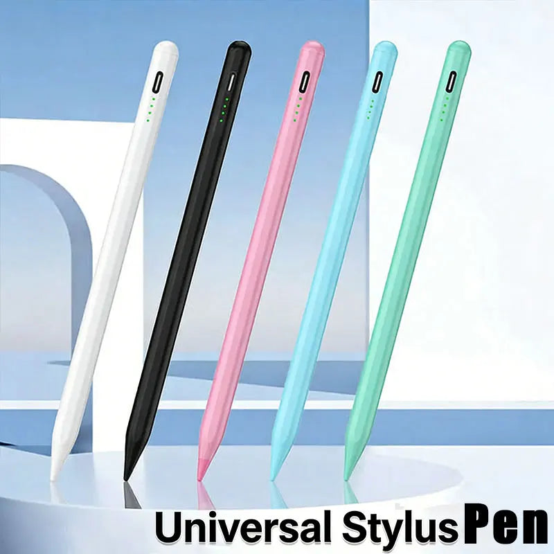 Five colored universal stylus pens displayed vertically against a light blue background.