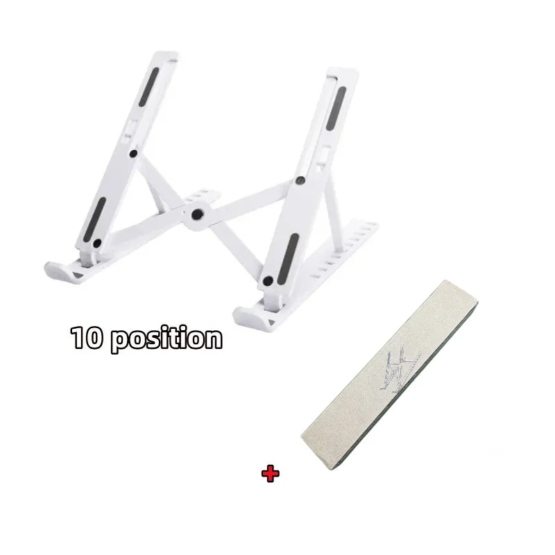 White foldable adjustable laptop stand with ten positions shown next to a mounting plate.