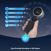 A hand holds a portable handheld turbo fan with various speed settings displayed on a screen.