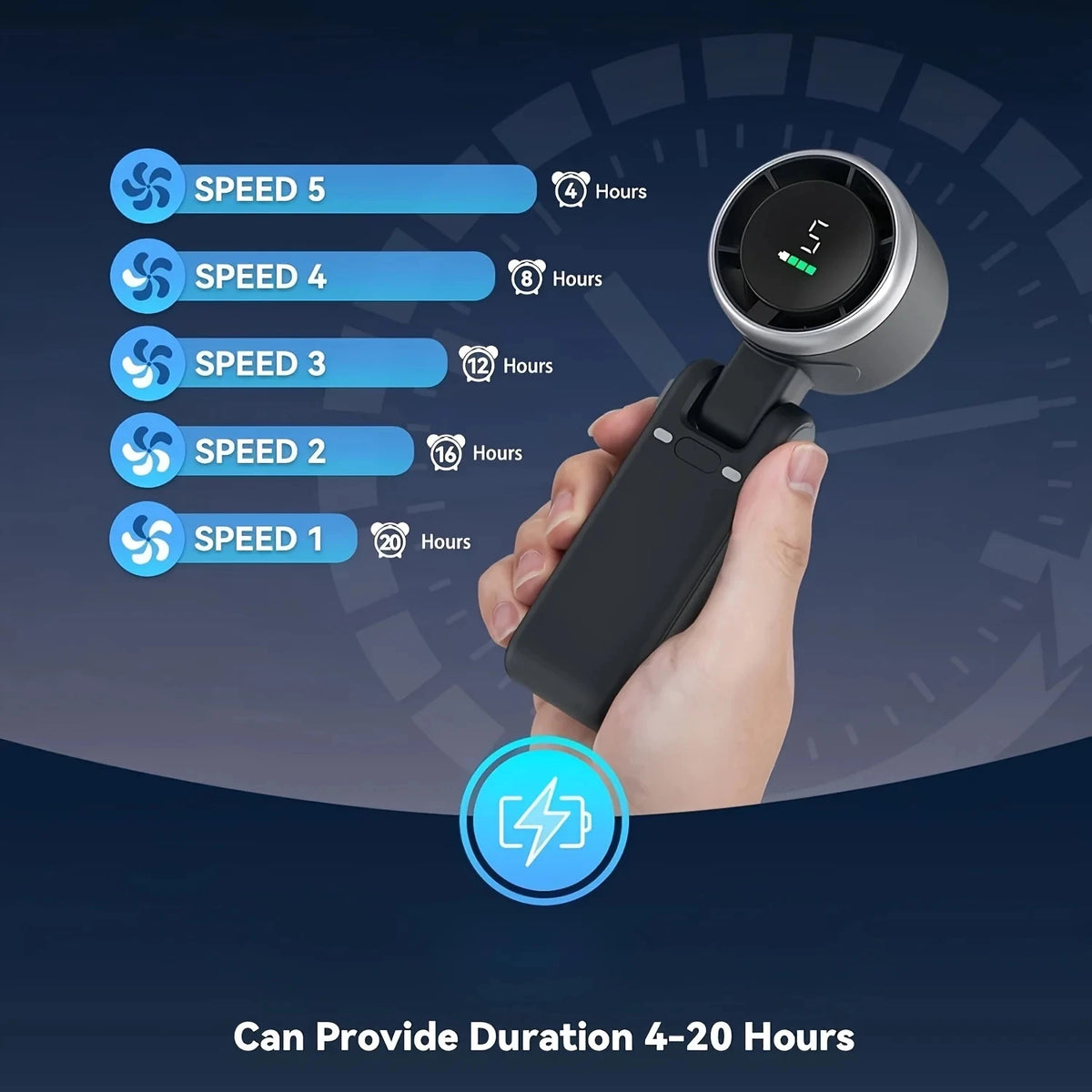 A hand holds a portable handheld turbo fan with various speed settings displayed on a screen.