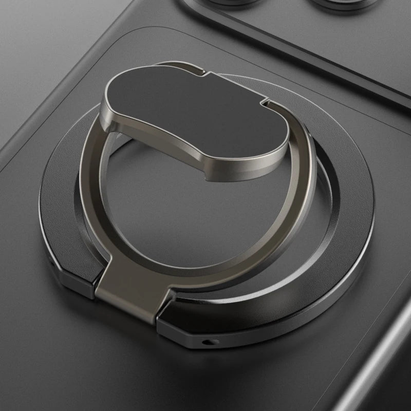 A close-up view of a magnetic phone stand with a kickstand designed for MagSafe and metal cases.