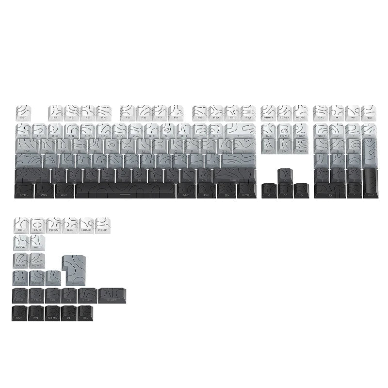Colección de keycaps con degradado contorno gris claro y gris oscuro para teclado mecánico.