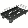 Black adjustable mobile CPU stand with caster wheels, showing length adjustment options.