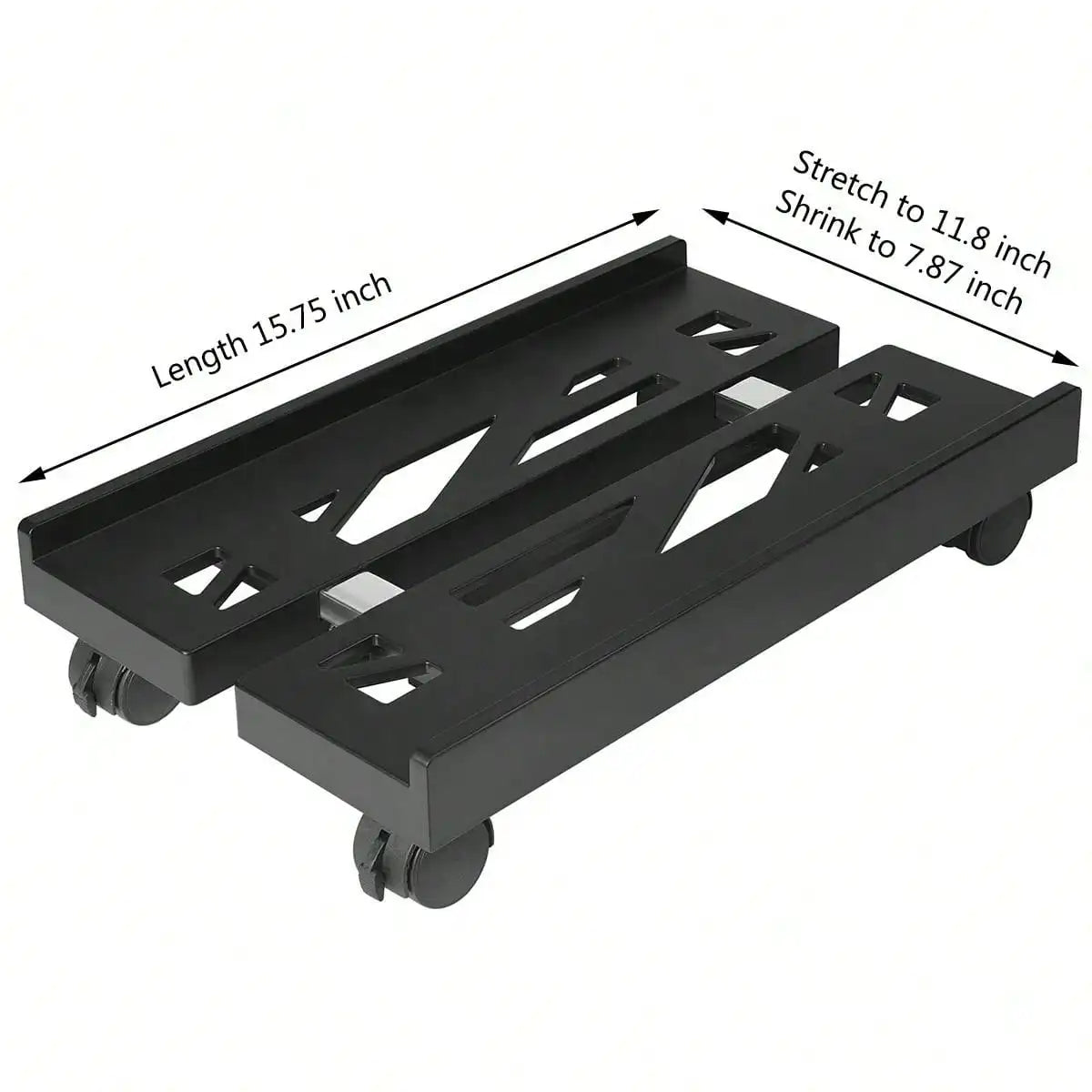 Black adjustable mobile CPU stand with caster wheels, showing length adjustment options.