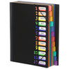 A black file folder with A4 size monthly dividers labeled by month and color tabs.